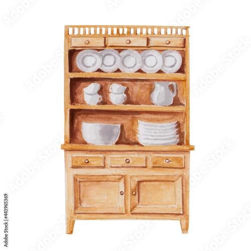 vintage wooden cupboard with dishes watercolor illustration, hand drawn clipart