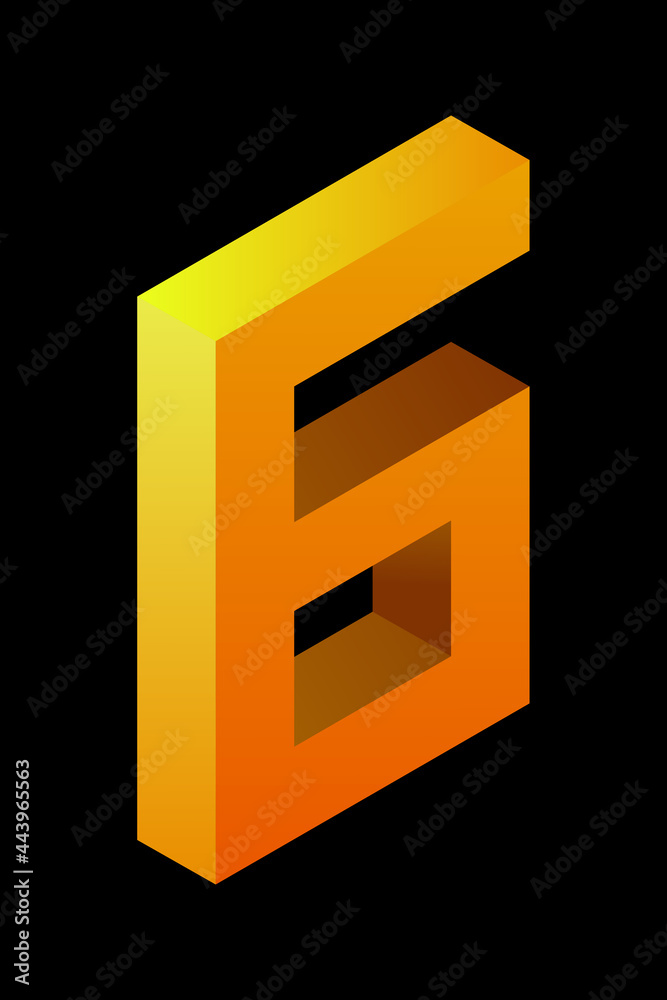 Gradient golden number 6 in isometric style. Yellow figure isolated on black background. Learning numbers, price, place.