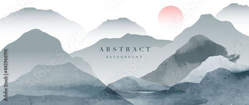 Mountain and golden line arts background vector. Oriental Luxury landscape background design with watercolor brush and gold line texture. Wallpaper design, Wall art for home decor and prints.