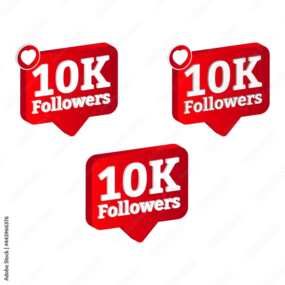 3D, 10K follower celebration badge collection. Thanksgiving for 10K followers vector illustration. 3D Red color 10K follower badge celebration with love shape. 3D, 10K follower celebration badge collection. Thanksgiving for 10K followers vector illustration. 3D Red color 10K follower badge celebration with love shape.