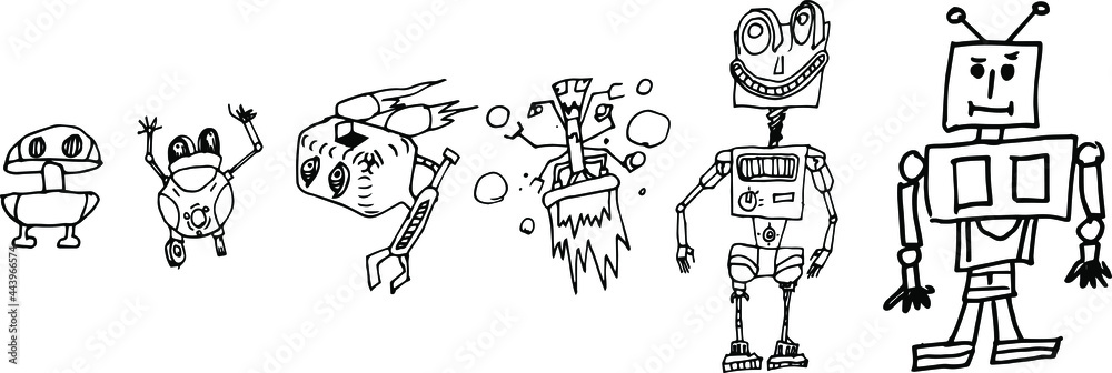 Hand drawn line art illustration Sketch illustration set of robot. robots simple vector illustration.