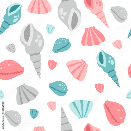 Pink, grey and blue seashell summer seamless pattern. Marine underwater life, beach ocean shells, modern trendy vector flat cartoon illustration on white background, repeat design for kids wallpaper