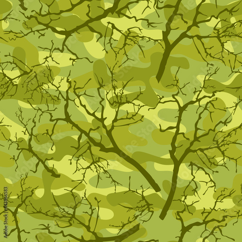 Hunting camouflage pattern with tree branches. Mosquito uniform. Vector.