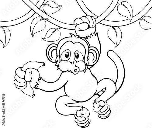 Monkey Singing On Jungle Vines With Banana Cartoon