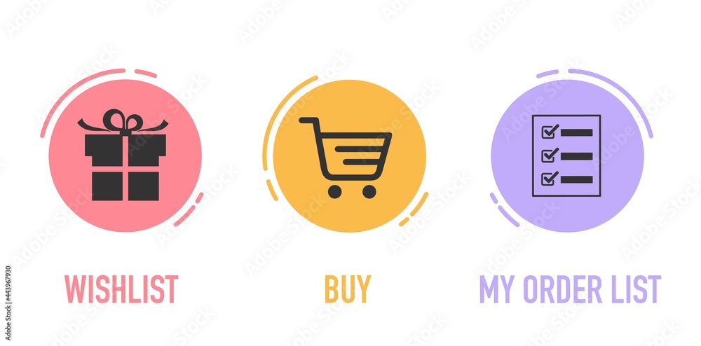 Concept of shopping process with 3 successive steps isolated on black. Timeline design for brochure, presentation, web site. Concept of shopping process with 3 successive steps isolated on black. Timeline design for brochure, presentation, web site.