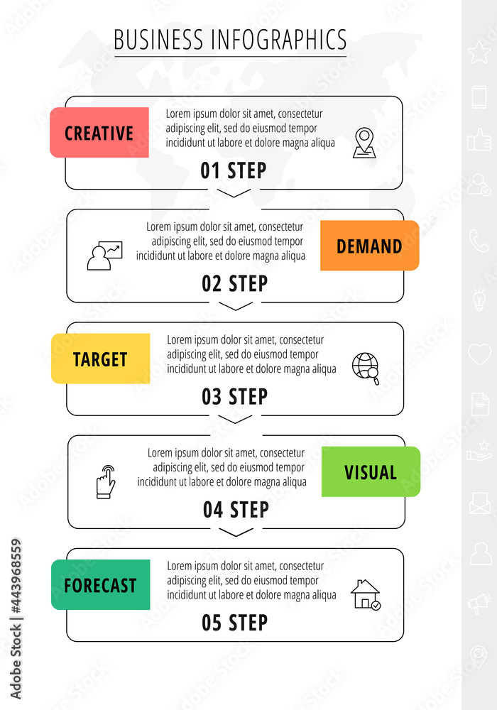 Line vector infographics with 5 rectangles. Square chart process template with arrows. Modern timeline for company or corporate business project, presentation, web, diagram, content Line vector infographics with 5 rectangles. Square chart process template with arrows. Modern timeline for company or corporate business project, presentation, web, diagram, content
