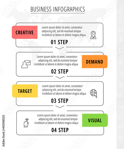 Line vector infographics with 4 rectangles. Square chart process template with arrows. Modern timeline for company or corporate business project, presentation, web, diagram, content