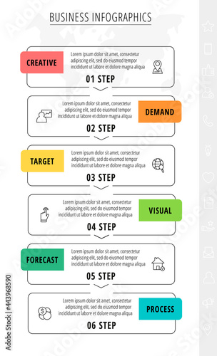 Line vector infographics with 6 rectangles. Square chart process template with arrows. Modern timeline for company or corporate business project, presentation, web, diagram, content