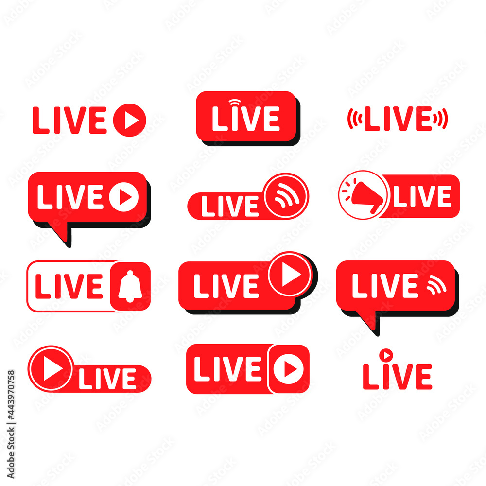 Live. Red button Live to video, blog, show. Notification. Live button or banner element - catchy dialog message box with Play button and text - isolated template. Set Live. Red button Live to video, blog, show. Notification. Live button or banner element - catchy dialog message box with Play button and text - isolated template. Set