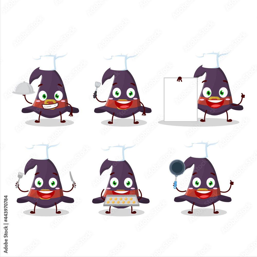 Cartoon character of witch hat with various chef emoticons Cartoon character of witch hat with various chef emoticons