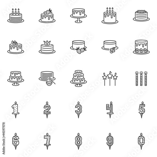 Birthday cake and candles line icons set