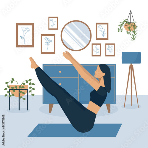 Exercising beautiful asian woman at home in the living room. Strong girl doing sport exersice indoor. Healthy and active lifestyle concept. Female character takes care of her body with yoga