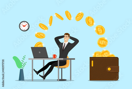 Happy businessman with laptop get money in wallet. Online finance income business man. Joyful person makes passive profit or get wages. Male web gambling and earning concept. Coin from internet eps