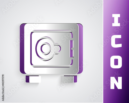 Paper cut Safe icon isolated on grey background. The door safe a bank vault with a combination lock. Reliable Data Protection. Paper art style. Vector