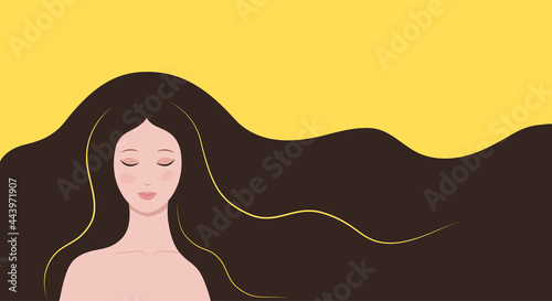 Brunette with closed eyes on yellow background. Face glamor beautiful girl with thick long hair. Background from flowing, waving dark hair. Place for text. Modern colorful flat style. Vector.