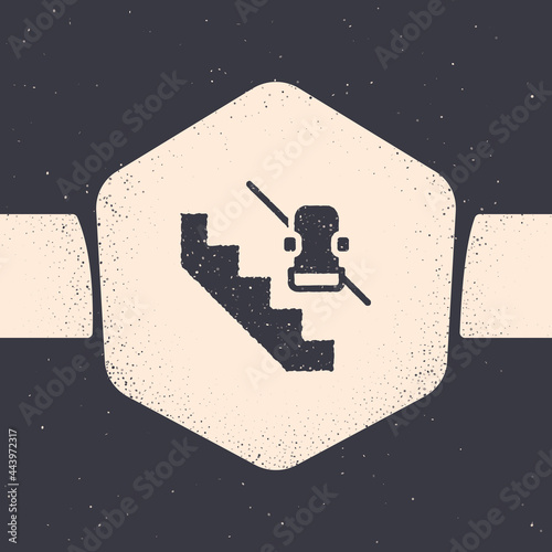 Grunge Disabled access elevator lift escalator icon isolated on grey background. Movable mechanical chair platform for handicapped human. Monochrome vintage drawing. Vector
