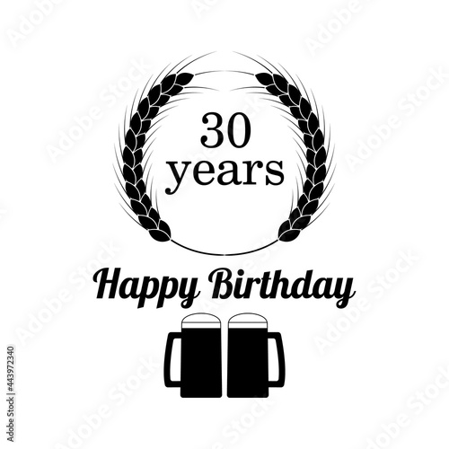 Happy birthday banner printable. Wheat wreath with beer mugs and lettering. Text banner, black color. Vector illustration.