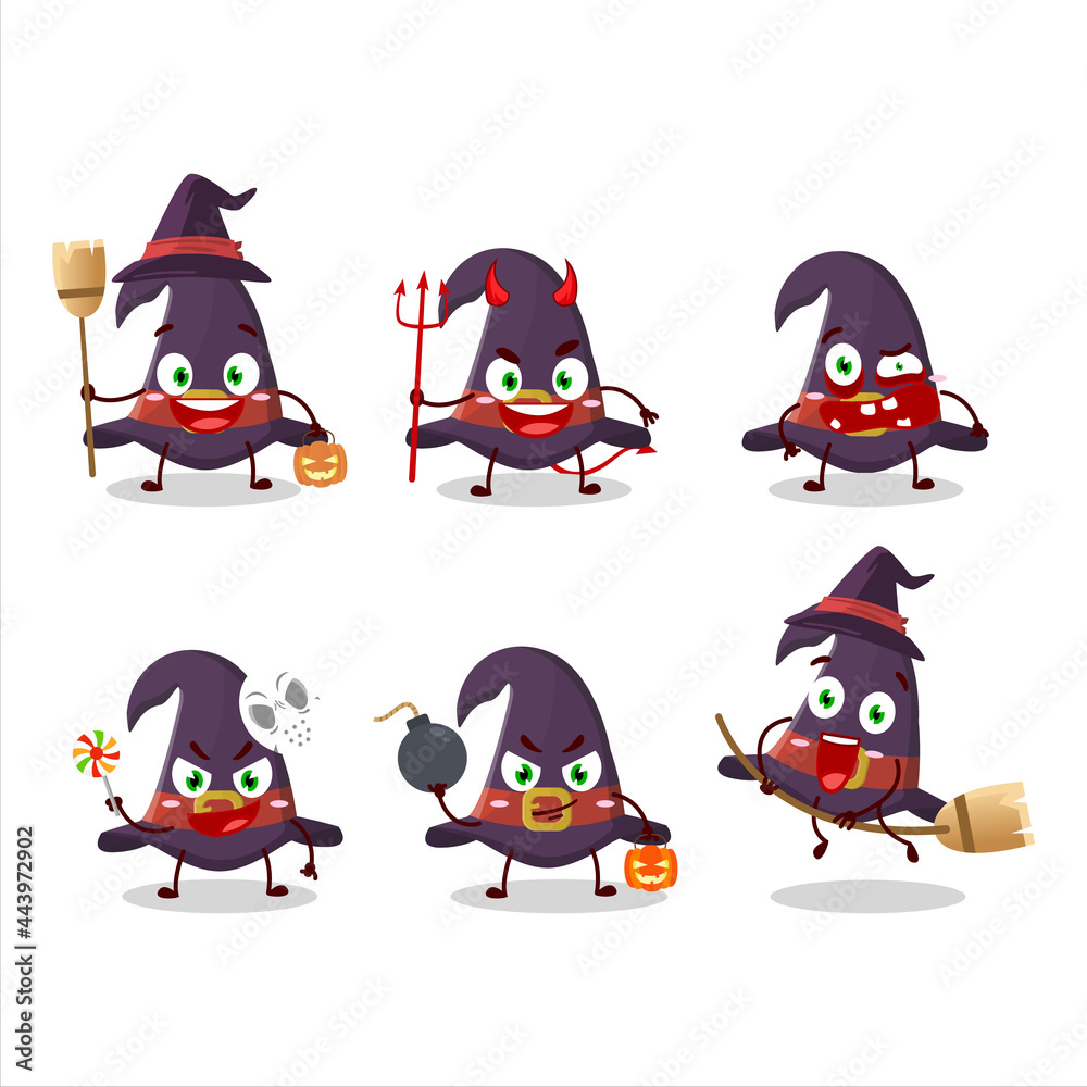 Halloween expression emoticons with cartoon character of witch hat