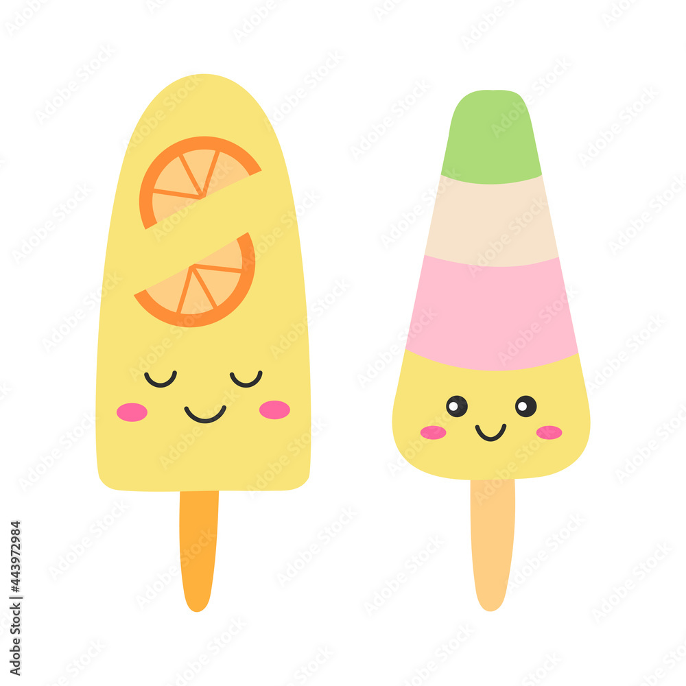 Frozen ice popsicles on white background. Ice cream. Funny smile faces. Kawaii cartoon style. Flat vector illustration. Frozen ice popsicles on white background. Ice cream. Funny smile faces. Kawaii cartoon style. Flat vector illustration.