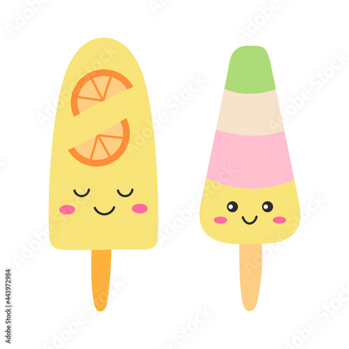 Frozen ice popsicles on white background. Ice cream. Funny smile faces. Kawaii cartoon style. Flat vector illustration.