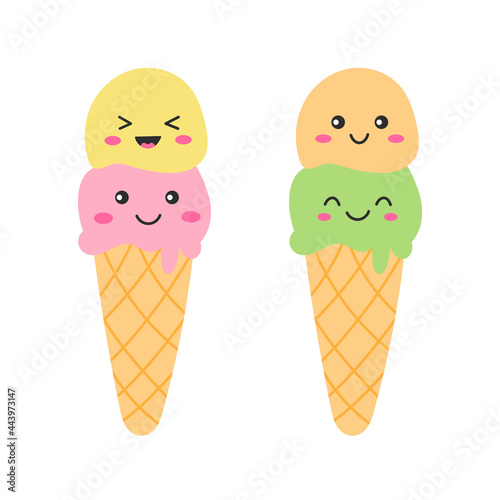 Two ice creams on white background. Funny smile faces. Kawaii cartoon style. Flat vector illustration.