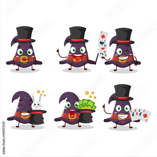 A witch hat Magician cartoon character perform on a stage