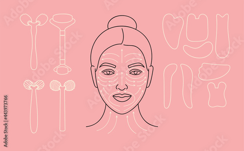 Vector illustration method fo face massage. Female face with arrow lines. Set of various cosmetic beauty devices.