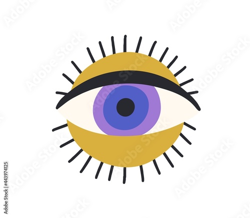 Esoteric magic eyeball over sun circle. Spiritual Ra eye in doodle style. Modern abstract symbol of ancient God watching. Colored flat vector illustration isolated on white background