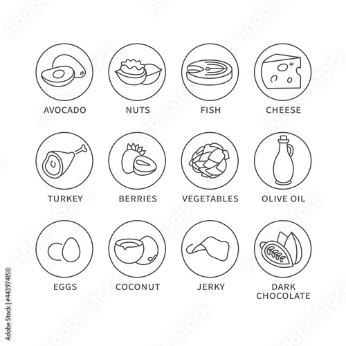 Vector set of logos, badges and icons for keto diet products. Collection symbol of healthy eating.