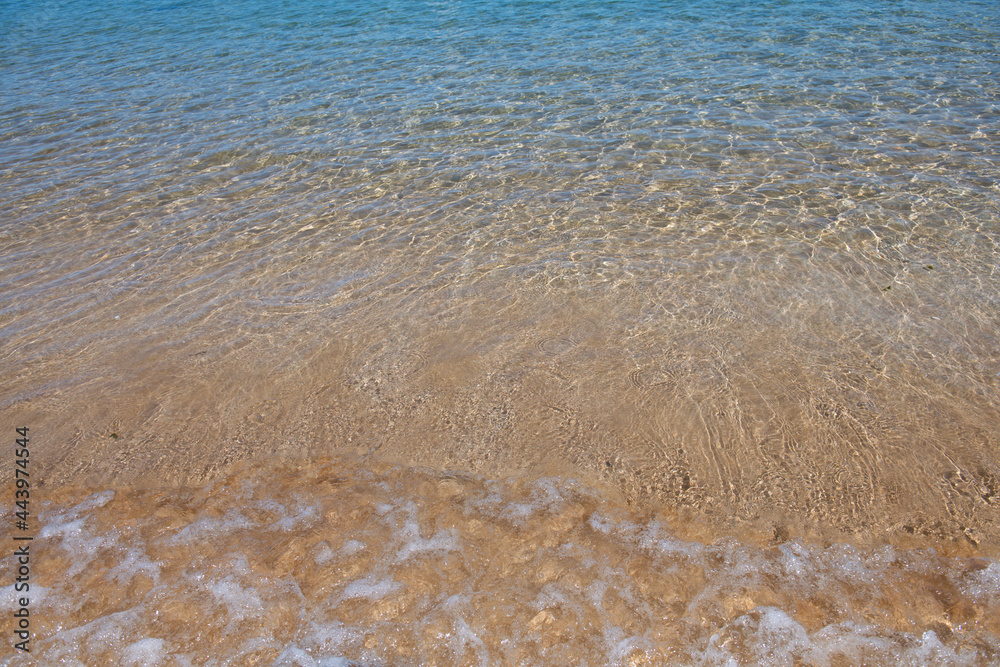 Blue ocean wave on sandy beach. Beach in sunset summer time. Beach landscape. Tropical seascape, calmness, tranquil relaxing sunlight. Blue ocean wave on sandy beach. Beach in sunset summer time. Beach landscape. Tropical seascape, calmness, tranquil relaxing sunlight.