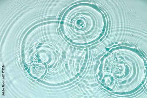 Blue water texture, blue mint water surface with rings and ripples. Spa concept background. Flat lay, copy space. © Irina