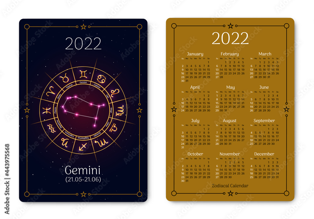 Gemini pocket size calendar layout with zodiac sign. 2022 year double