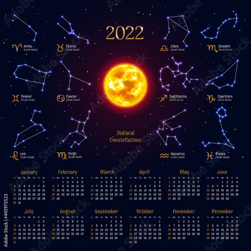 Wall monthly zodiac calendar layout in dark colors. 2022 week starts Sunday calendar template with zodiacal constellations astrological symbols and glowing sun on dark blue starry background
