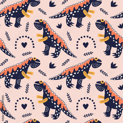 Vector illustration of seamless pattern with dinosaur. Dark blue Alosaurus on a peach background. For printing on fabric and paper.