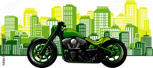 illustration bobber style motorcycle with the city in the background