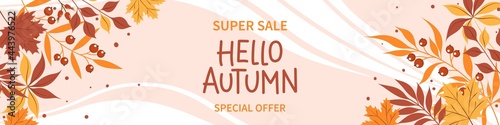 Hello autumn sale horizontal banner with leaves. Bright poster, flyer with invitation for shopping, template offer of discounts deals. Vector Illustration