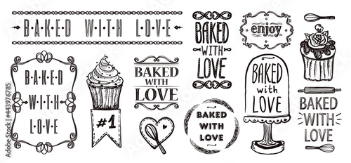 Baked with love - vector elements collection with symbols for bakery