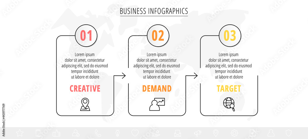 Vector infographic arrows. Business line concept of 3 options and squares. Timeline step by step template with three labels for diagram, web, banner, flowchart, content, levels, chart, graphic Vector infographic arrows. Business line concept of 3 options and squares. Timeline step by step template with three labels for diagram, web, banner, flowchart, content, levels, chart, graphic