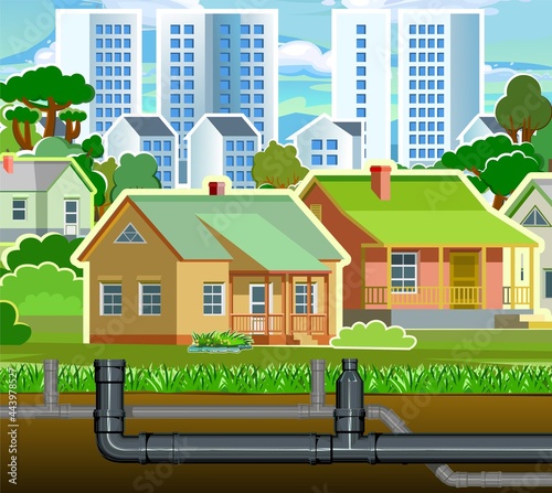 Pipeline for various purposes. Individual suburban connection. Underground part of system. Illustration vector