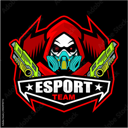 Dark red reaper with skull face mascot logo design for esport. Gaming Logo. Clan Logo.