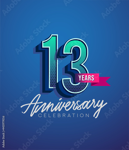 13th Anniversary Logo Design With Ribbon, Elegant Anniversary Logo With Blue Color, Design for banner and invitation card of anniversary celebration.