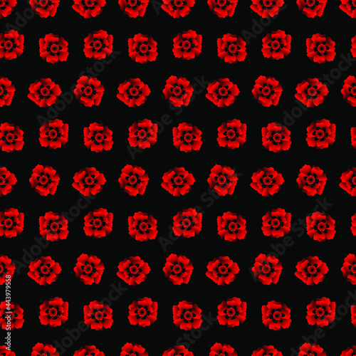 Red Poppy Black Seamless Pattern. Vector Illustration of Nature Floral Background.