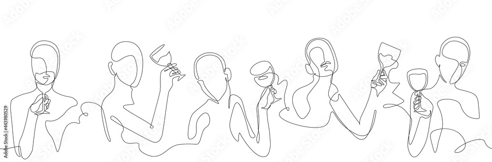 Horizontal Seamless Pattern with continuous line drawing silhouettes of people with wine glasses. Background with Wine.  Vector Illustration.