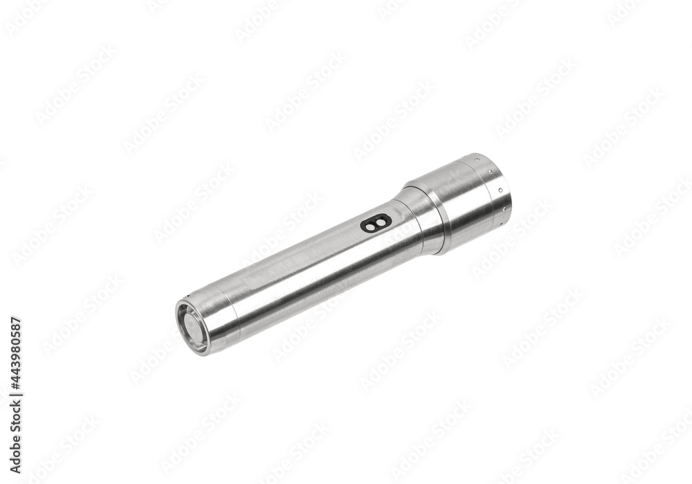 Modern silver metal LED flashlight. Pocket portable rechargeable lighting device. Isolate on a white back Modern silver metal LED flashlight. Pocket portable rechargeable lighting device. Isolate on a white back