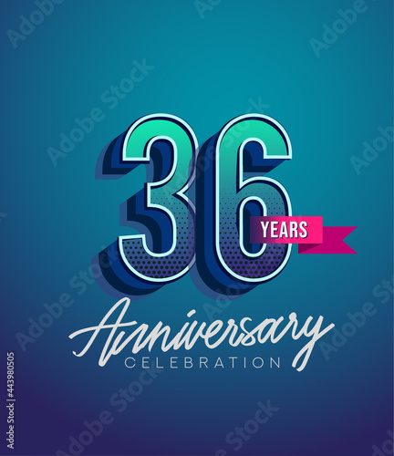 36th Anniversary Logo Design With Ribbon, Elegant Anniversary Logo With Blue Color, Design for banner and invitation card of anniversary celebration.