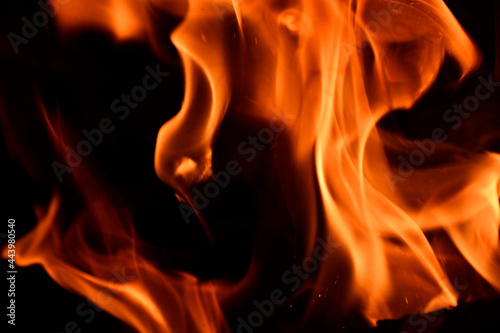The fire. Bright orange flames. A black red-hot log is visible between the flames. Dark background.