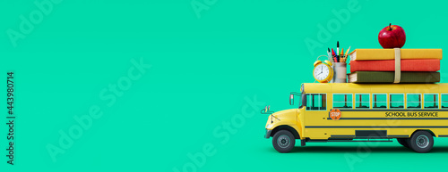 Photo School bus arriving  with school accessories and books on green background 3D Re