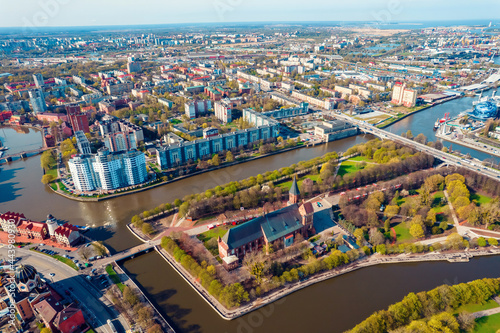 Aerial view Jewish synagogue and Cathedral Kant Island city Kaliningrad Russia © Parilov