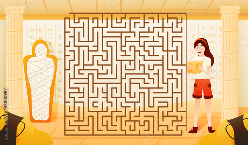 Treasure hunting underground the pyramid, help girl archaelogist to hid way to the mummy tomb, ancient egypt concept, labirynth game for children books, advanture maze