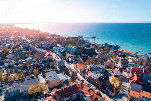 Aerial top view city Baltic sea beach Zelenogradsk Kaliningrad Russia summer sunny day